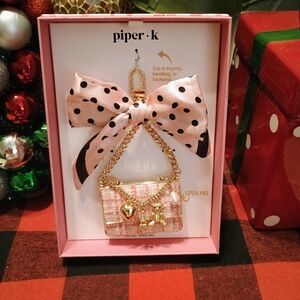Piper K Tweed Pink Tweed Purse With Polka Dot Bow Keychain/Bag charm